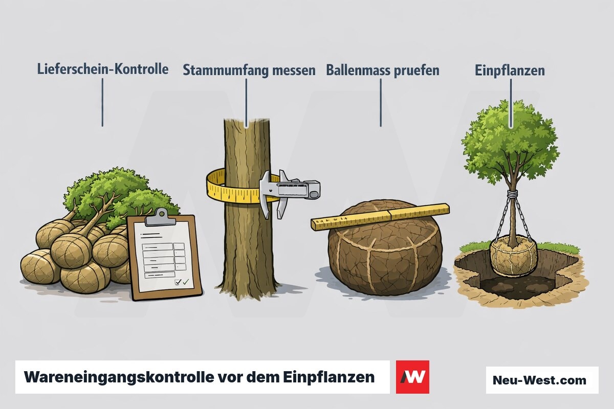 Ablauf-Grafik der Wareneingangskontrolle: Lieferschein prüfen, Stammumfang und Ballenmaß an Stichprobe messen, dann Baum einpflanzen.