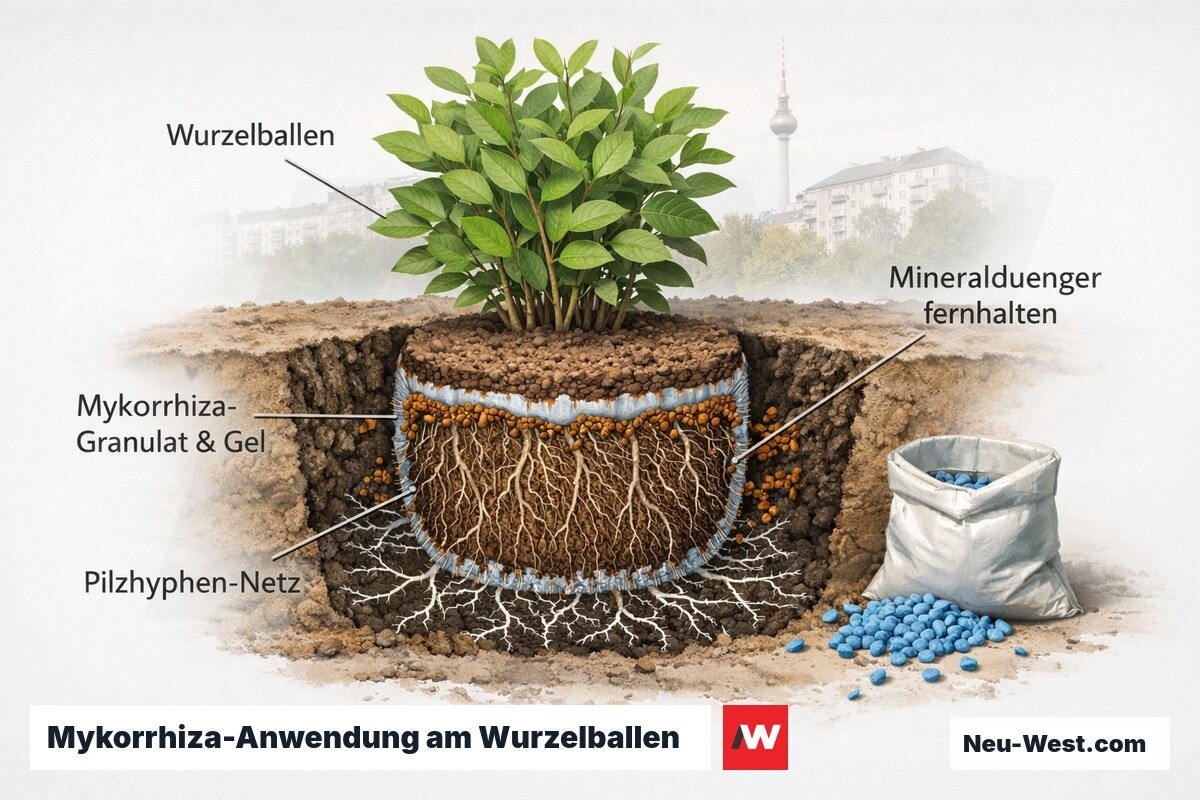 Cutaway-Detail eines Heckenwurzelballens mit Mykorrhiza-Granulat, Pilzhyphen-Netz im Boden und getrennt gehaltenem Mineraldünger.