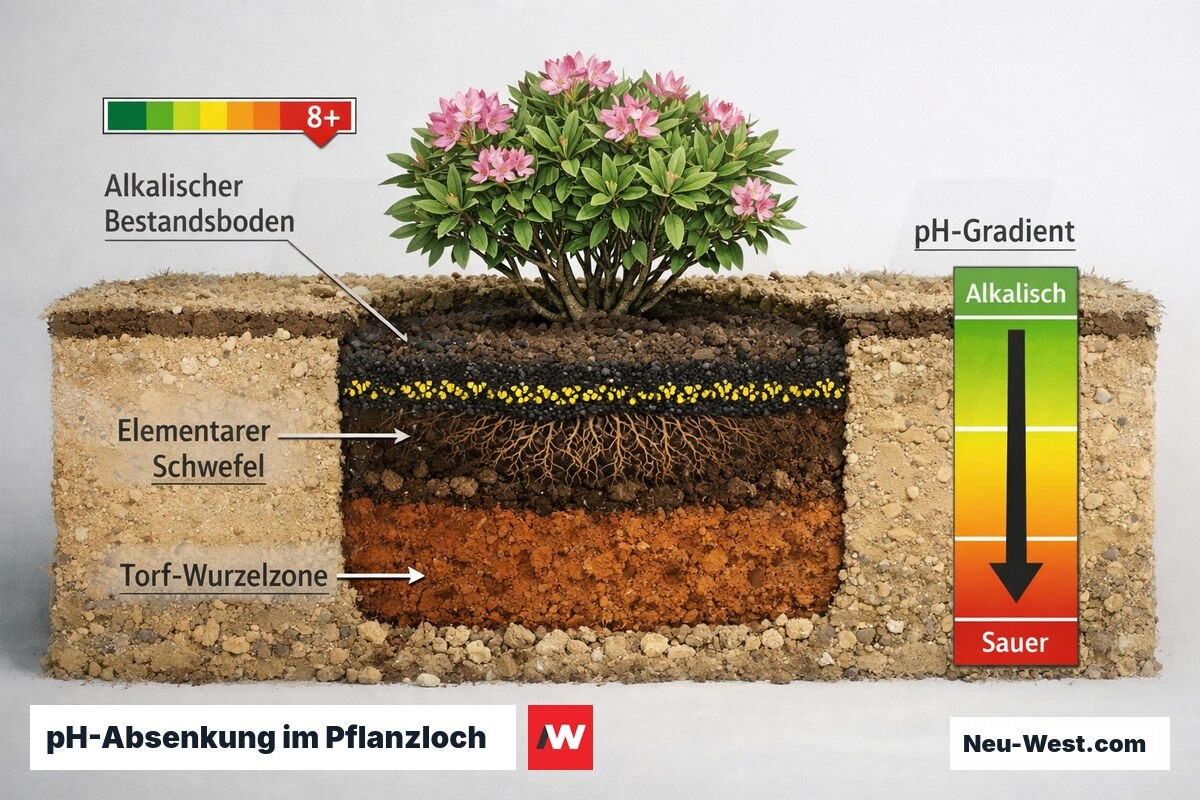 Querschnitt eines Rhododendron-Pflanzlochs mit eingearbeitetem Schwefel, Torf-Wurzelzone, alkalischem Bestandsboden und pH-Gradient von alkalisch zu sauer.