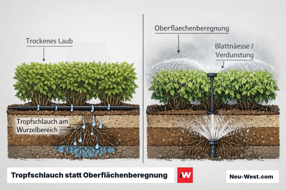 Querschnitt-Vergleich zweier Hecken-Bewässerungssysteme: Tropfschlauch am Wurzelbereich mit trockenem Laub versus Oberflächenberegnung mit Blattnässe und Verdunstung.