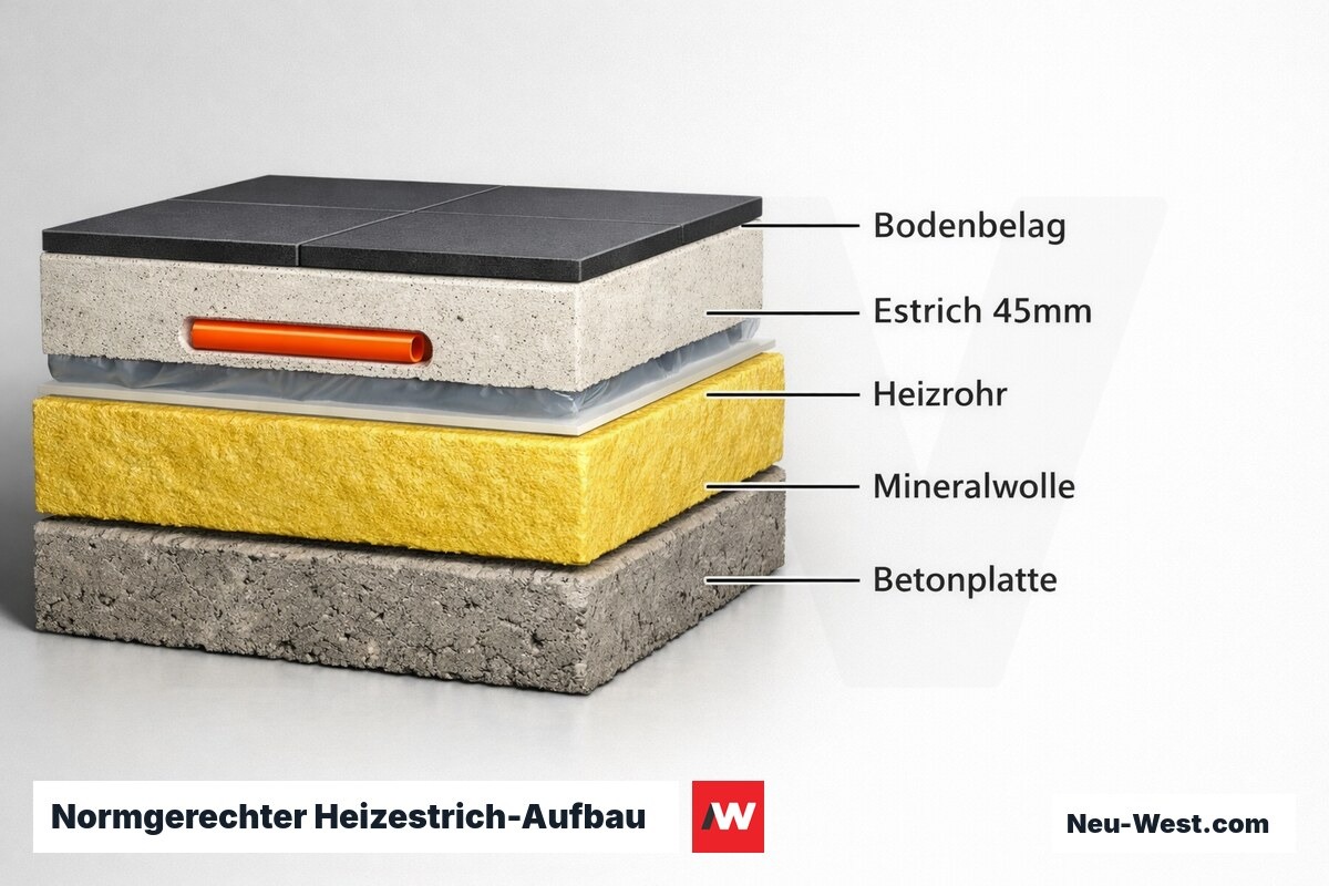 Normgerechter Heizestrich-Aufbau: Schichtquerschnitt mit Maßen – Erklär-Grafik (NEUWEST Berlin)