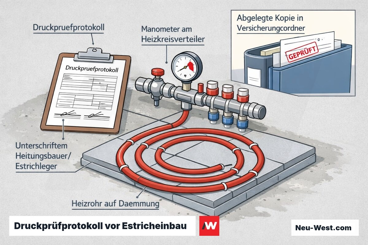 Erklär-Grafik: Druckprüfprotokoll mit Manometer, Heizrohr auf Dämmung und Unterschriftsfeldern vor dem Estricheinbau als Haftungsnachweis.