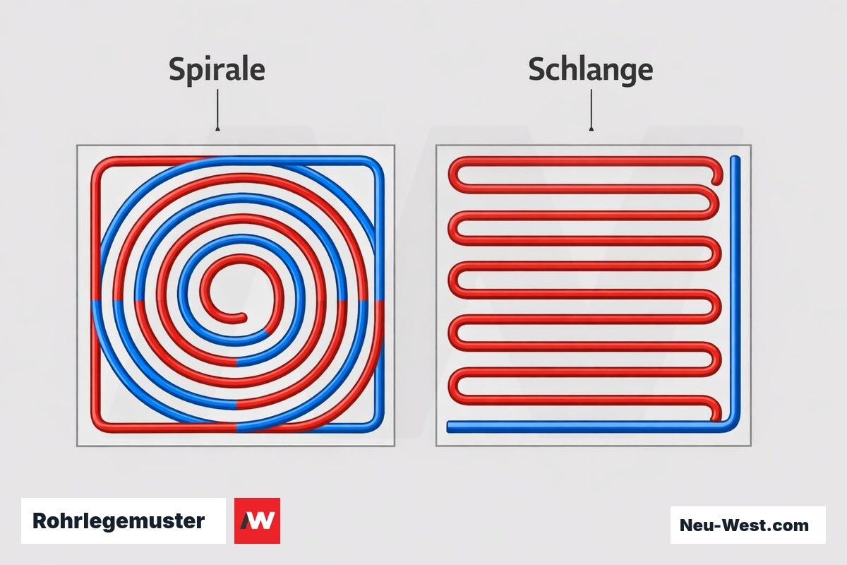 Rohrlegemuster: Spirale (Bifilar) vs. Schlange (Mäander) – Erklär-Grafik (NEUWEST Berlin)