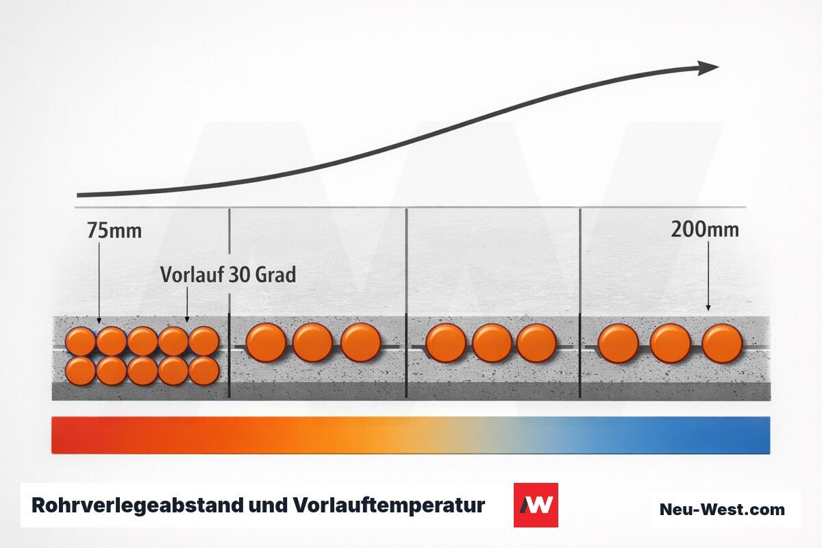 Rohrverlegeabstand und Vorlauftemperatur: Einfluss auf Wärmepumpen-COP – Erklär-Grafik (NEUWEST Berlin)