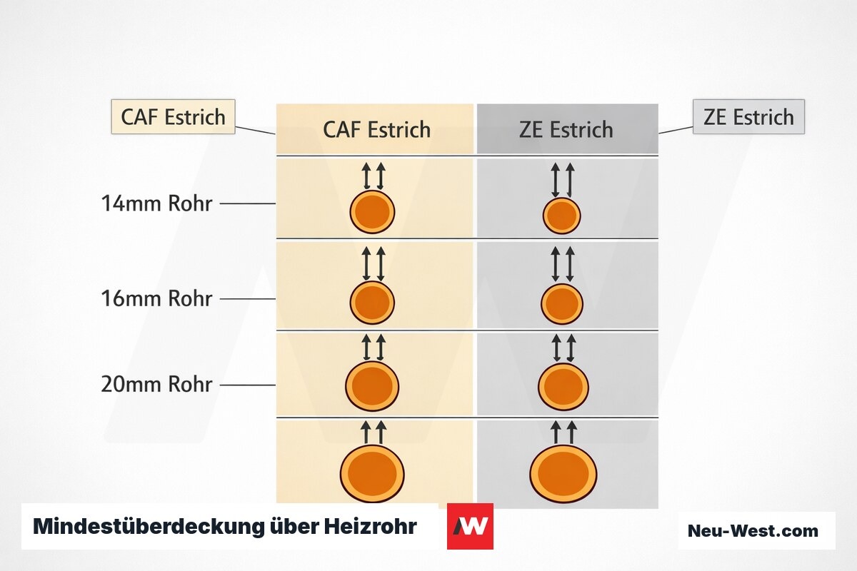 Mindestüberdeckung über Heizrohr: Rohrdurchmesser × Estrichtyp (DIN EN 1264-4) – Erklär-Grafik (NEUWEST Berlin)