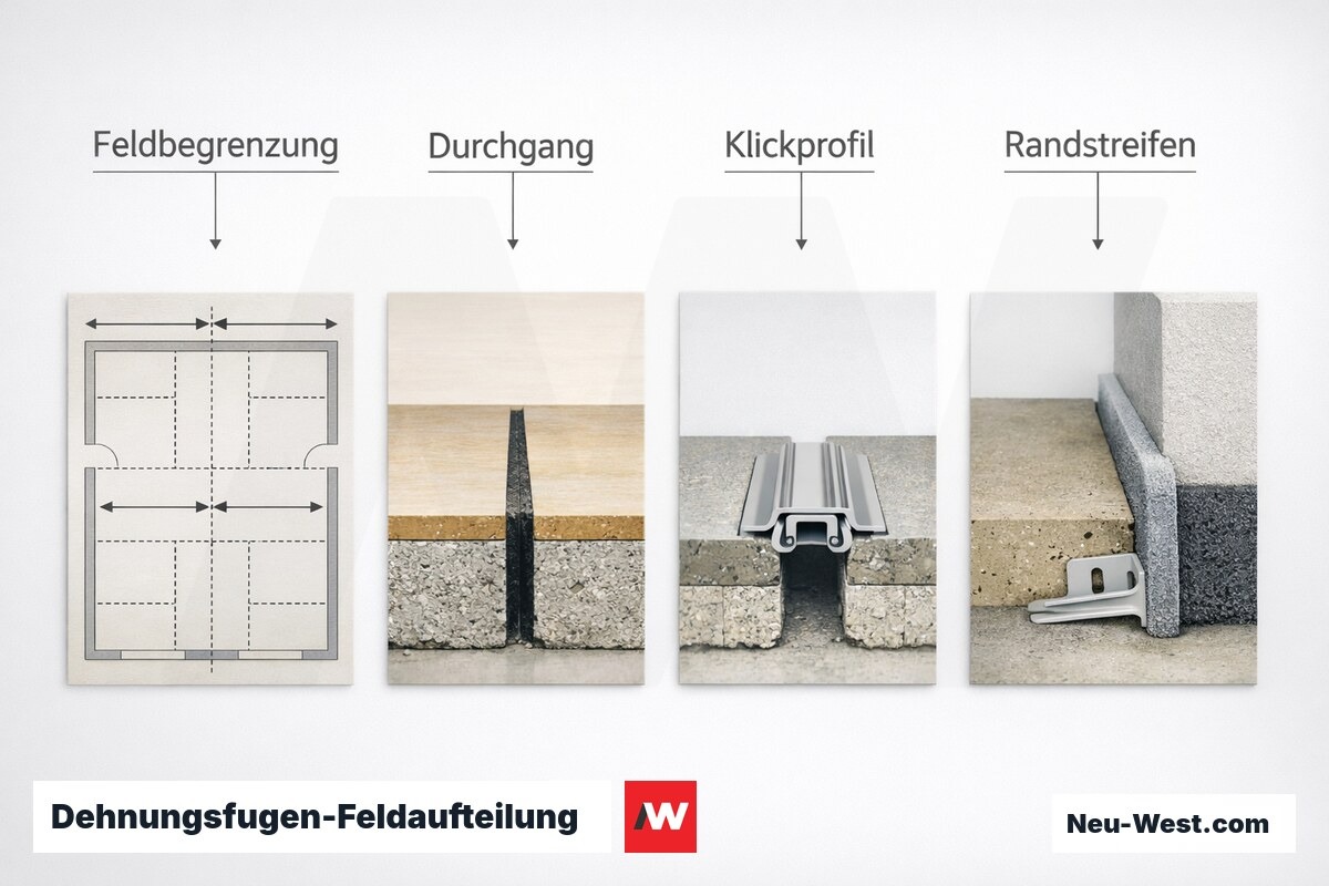 Dehnungsfugen-Feldaufteilung und Fugenprofiltypen im Vergleich – Erklär-Grafik (NEUWEST Berlin)