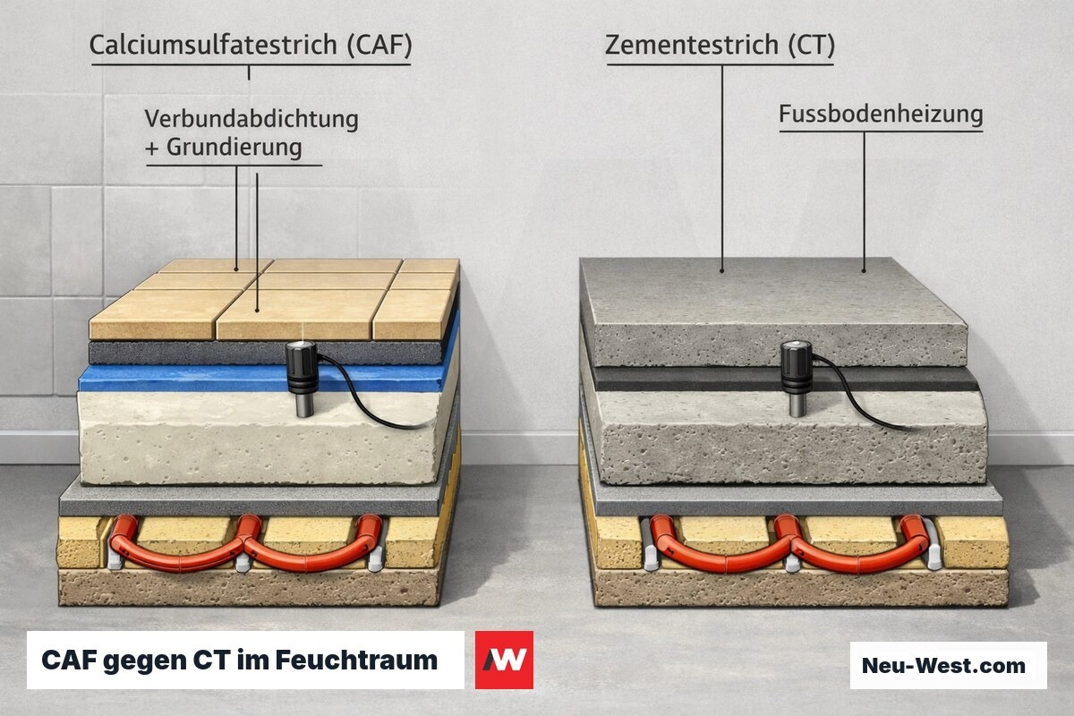 Vergleichsquerschnitt: CAF-Estrich mit Grundierung und Verbundabdichtung im Bad neben belagsfertigem Zementestrich, beide mit Fußbodenheizung.