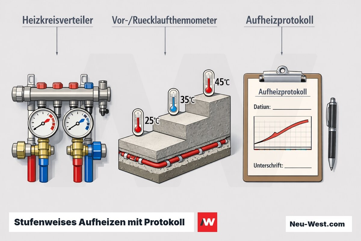 Erklär-Grafik: Heizkreisverteiler mit Thermometern, stufenweise steigende Systemtemperatur über Estrich und unterschriebenes Aufheizprotokoll nach EN 1264-4.