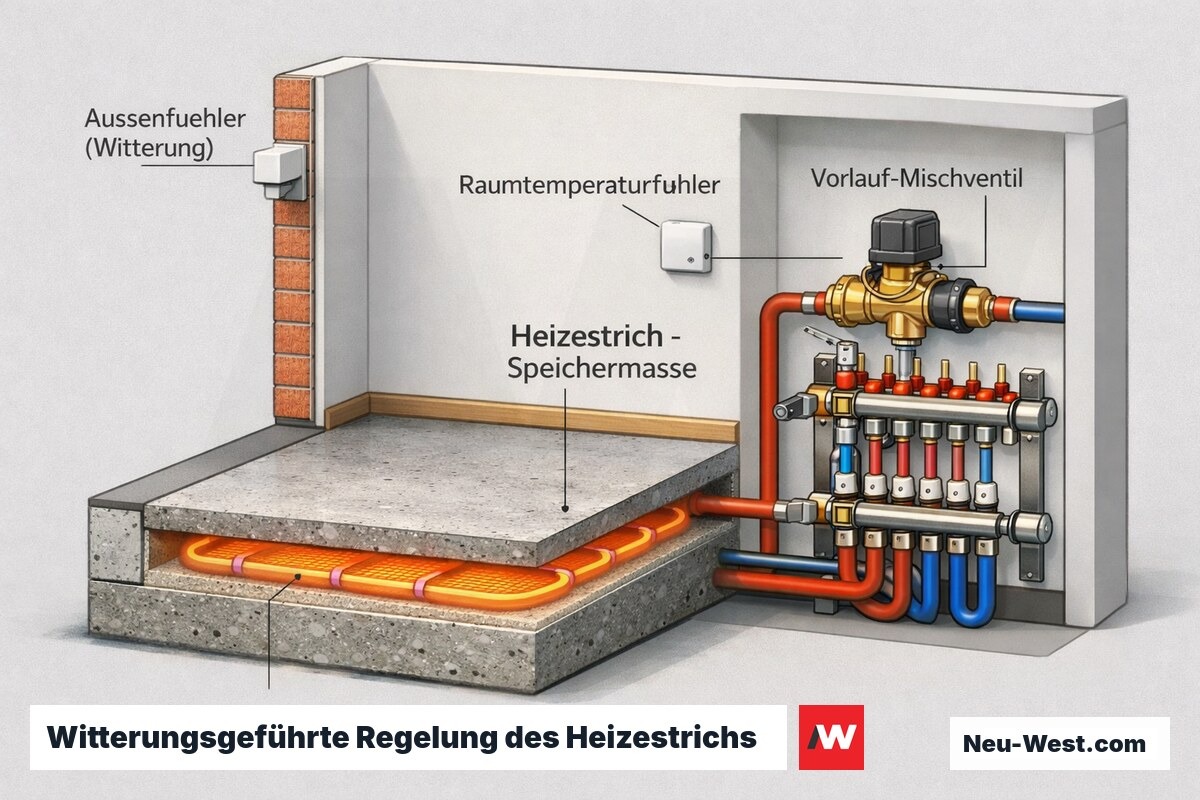 Querschnitt eines Raums mit Heizestrich, Außenfühler, Vorlauf-Mischventil und Raumtemperaturfühler zur witterungsgeführten Regelung der massiven Speichermasse.