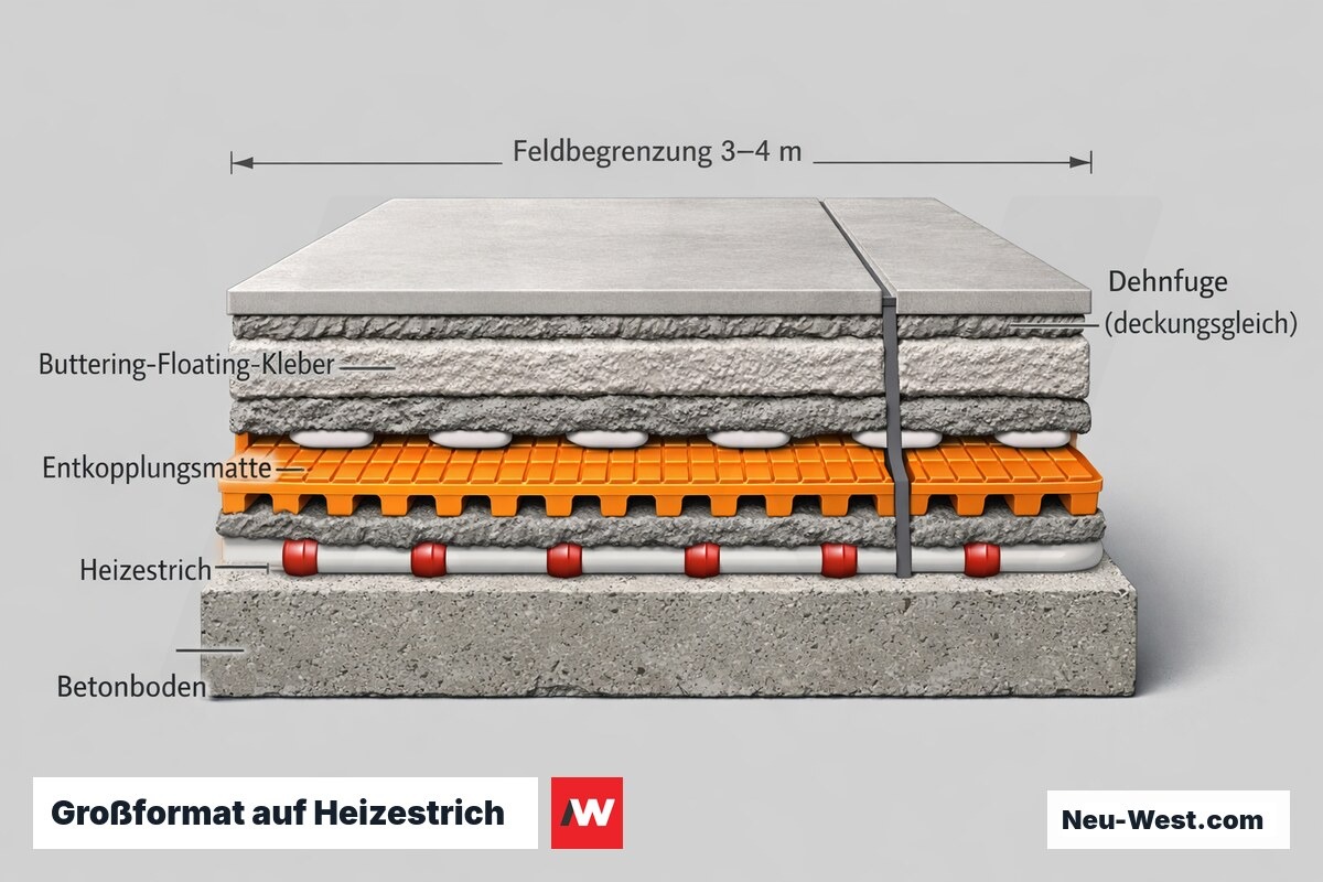 Querschnitt Großformat-Fliese auf Heizestrich mit Entkopplungsmatte, beidseitigem Flexkleber und deckungsgleicher Dehnfuge über der Estrich-Bewegungsfuge.