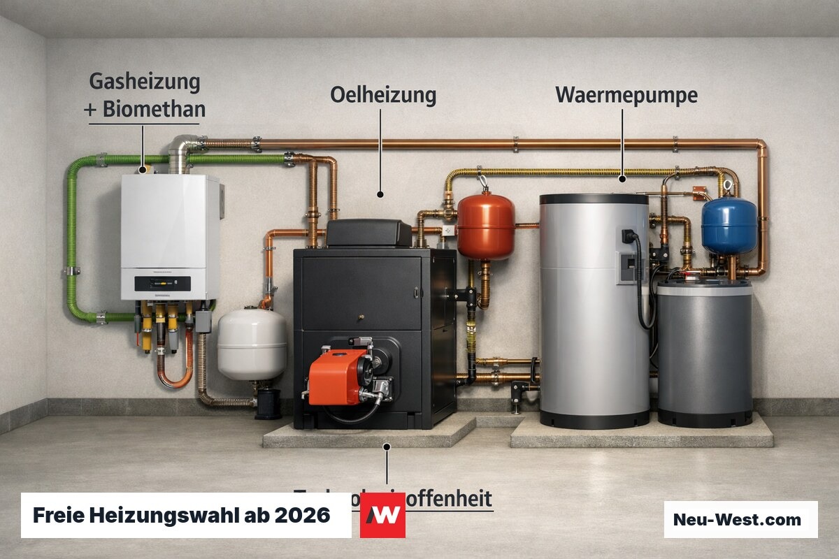 Querschnitt eines Kellers mit drei gleichwertigen Heizsystemen – Gas, Öl und Wärmepumpe – nebeneinander dargestellt.