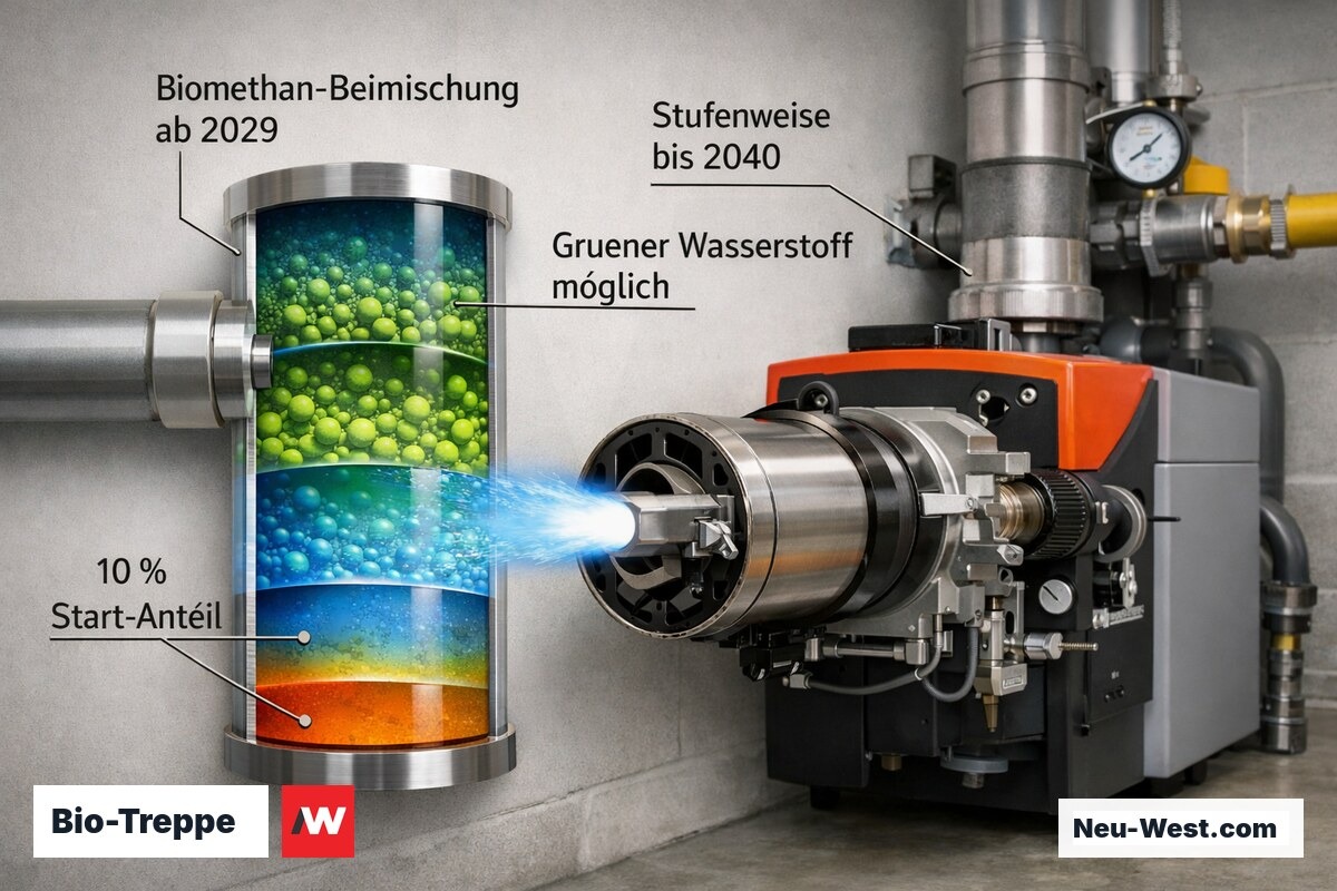 Gasleitung im Querschnitt mit schrittweise steigendem Biomethan-Anteil, symbolisiert die Bio-Treppe ab 2029.