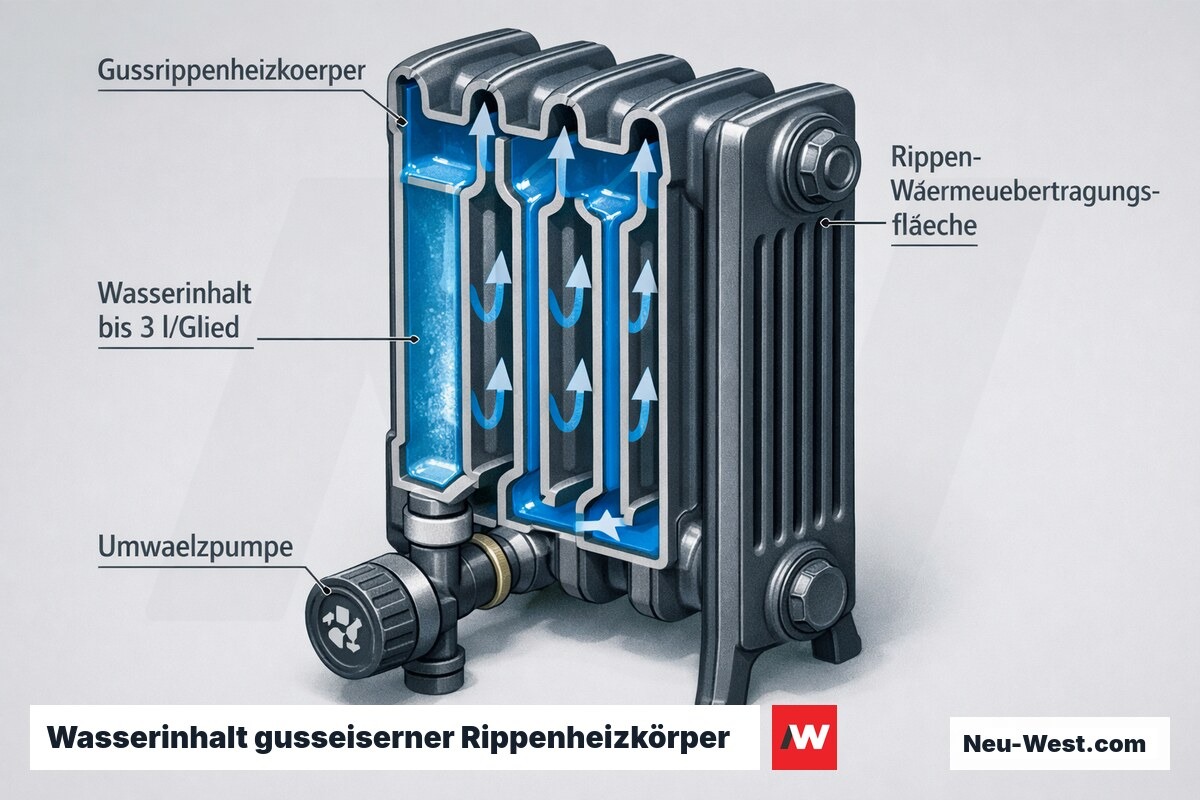 Querschnitt eines gusseisernen Rippenheizkörpers mit großem Wasserinhalt, Umwälzpumpe und Strömungspfeilen zur Umrüstung von Schwerkraft- auf Pumpenheizung