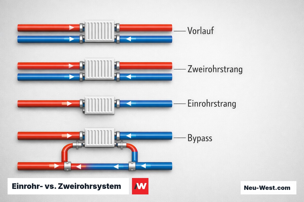 Einrohr- vs. Zweirohrsystem: Hydraulikschema – Erklär-Grafik (NEUWEST Berlin)