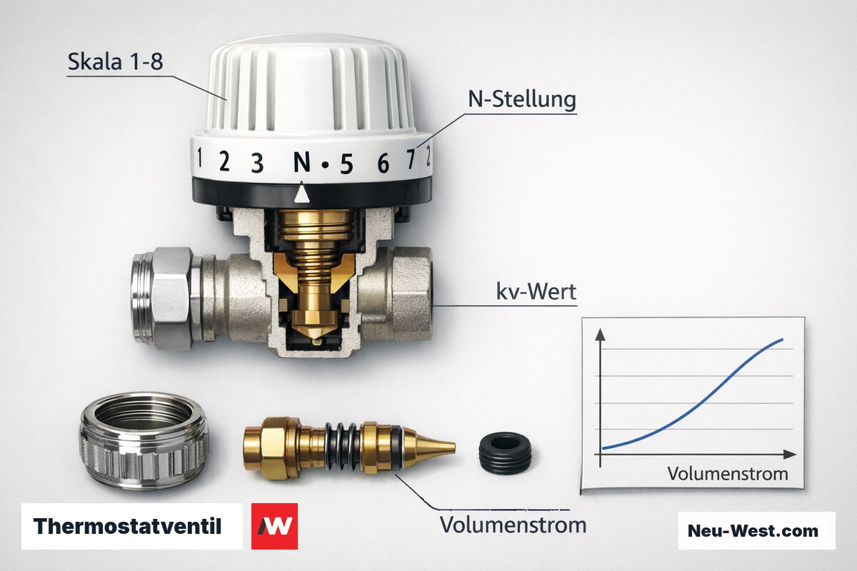 Thermostatventil: Voreinstellung, kv-Wert und Volumenstrom – Erklär-Grafik (NEUWEST Berlin)