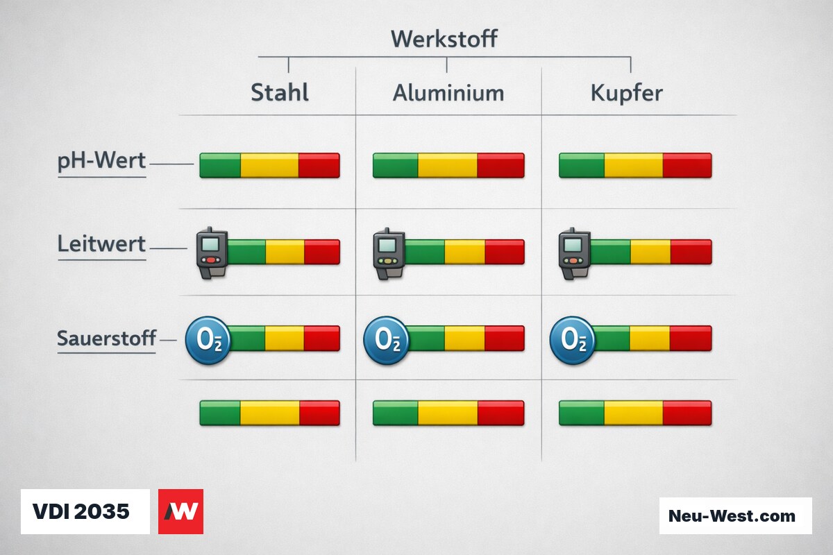 VDI 2035: Heizwasser-Grenzwerte nach Werkstoff – Erklär-Grafik (NEUWEST Berlin)