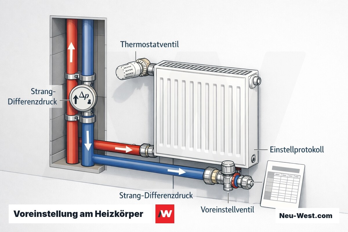 Cutaway eines Heizkörpers mit voreinstellbarem Ventil, Differenzdruck im Strang und Einstellprotokoll zum hydraulischen Abgleich.