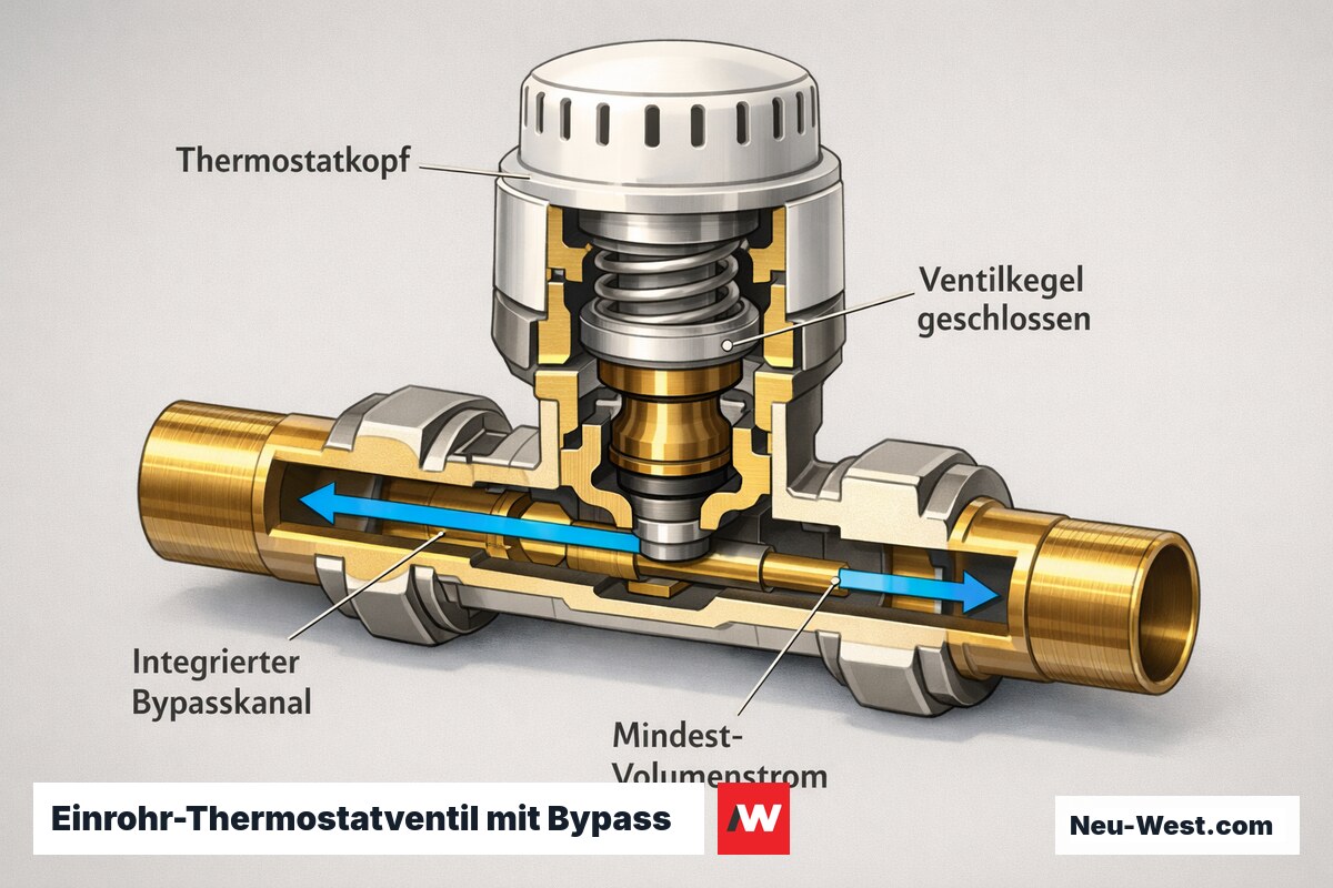 Schnittdarstellung eines Einrohr-Thermostatventils mit integriertem Bypasskanal, der bei geschlossenem Ventilkegel den Mindest-Volumenstrom im Strang sicherstellt.