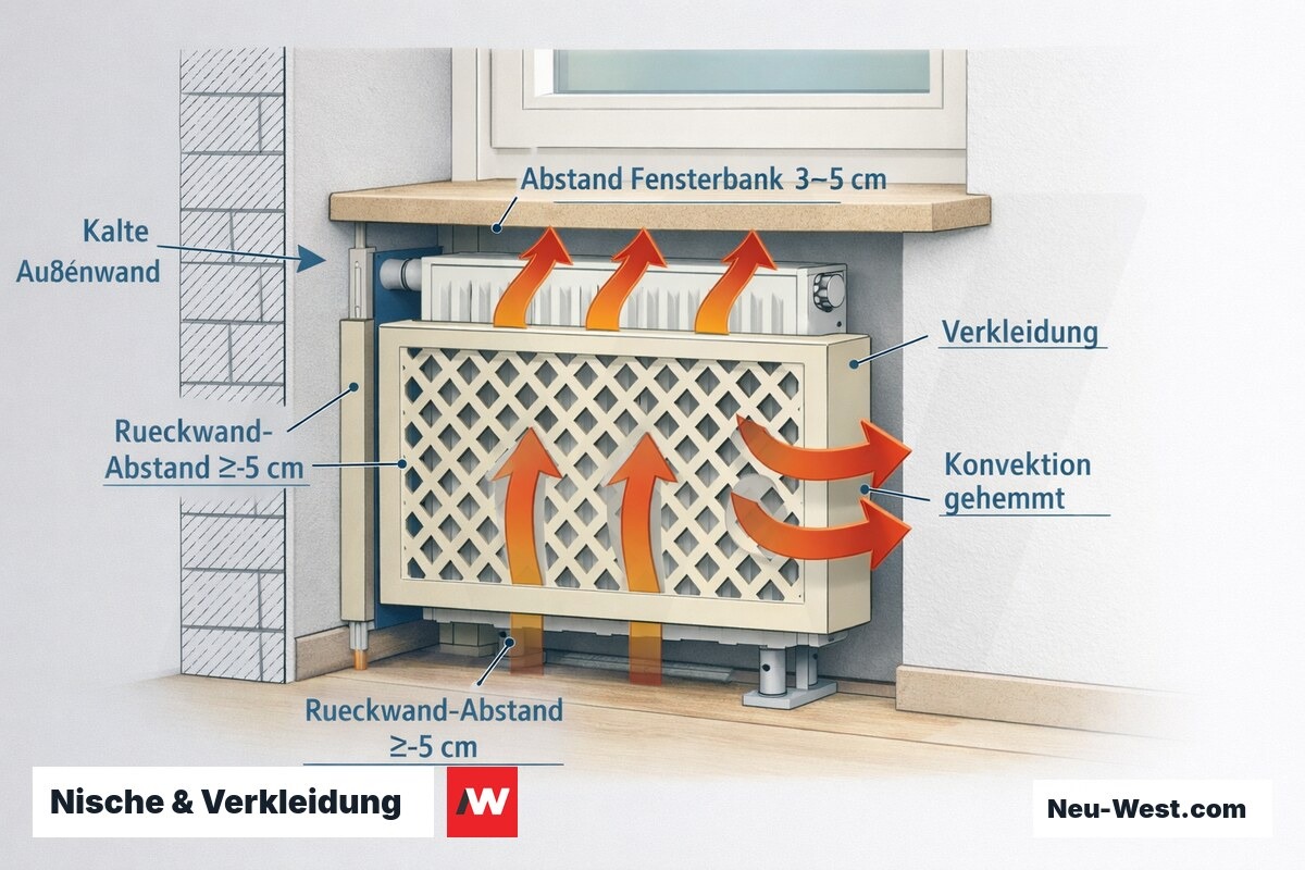 Querschnitt eines Heizkörpers in der Fensternische mit Mindestabständen zur Rückwand und Fensterbank sowie gehemmter Konvektion durch Verkleidung.