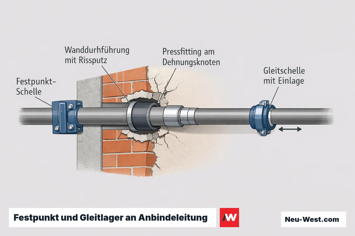 Querschnitt einer Anbindeleitung mit Festpunkt-Schelle, Gleitschelle mit Einlage, Pressfitting und Wanddurchführung zur Aufnahme der Rohrdehnung.