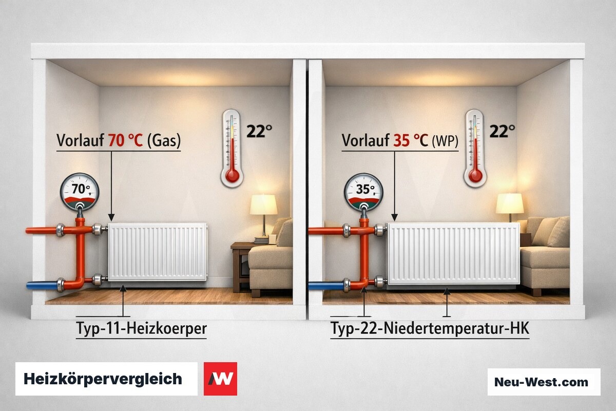Zwei Raumschnitte im Vergleich: kleiner Heizkörper bei 70 °C Vorlauf vs. großer Niedertemperatur-Heizkörper bei 35 °C