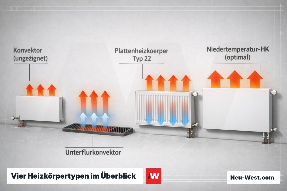 Vier Heizkörpertypen nebeneinander mit Wärmeverteilungspfeilen – von ungeeignet bis optimal für Wärmepumpenbetrieb