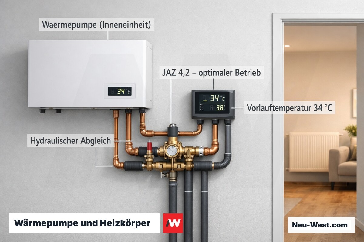 Wärmepumpen-Inneneinheit mit hydraulischem Abgleich und angeschlossenem Niedertemperatur-Heizkörper, Display zeigt JAZ 4,2