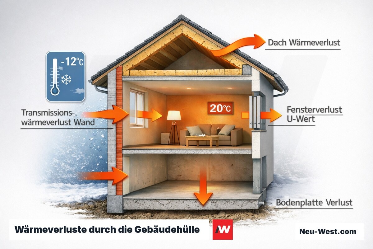 Querschnitt eines Wohnhauses mit farbigen Pfeilen die Wärmeverluste durch Wände, Fenster, Dach und Bodenplatte zeigen
