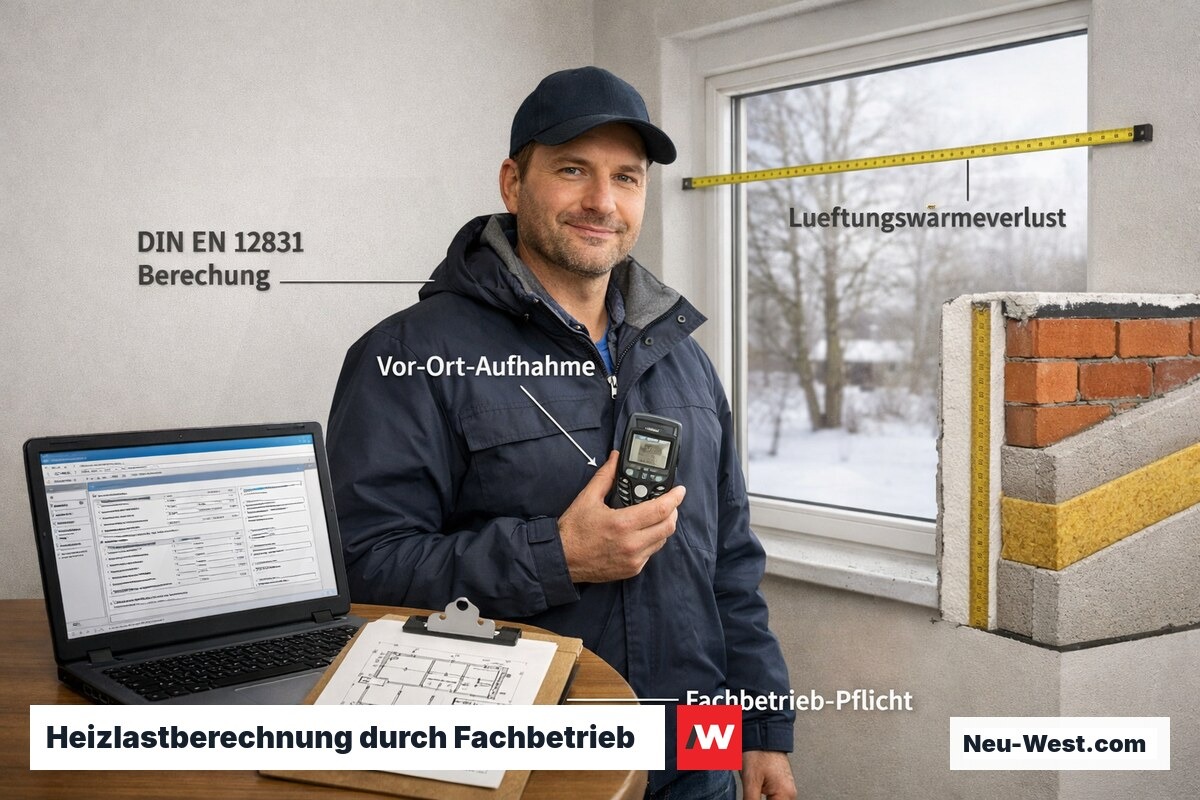 Energieberater führt Heizlastberechnung nach DIN EN 12831 in einem Wohnraum mit Messgeräten durch
