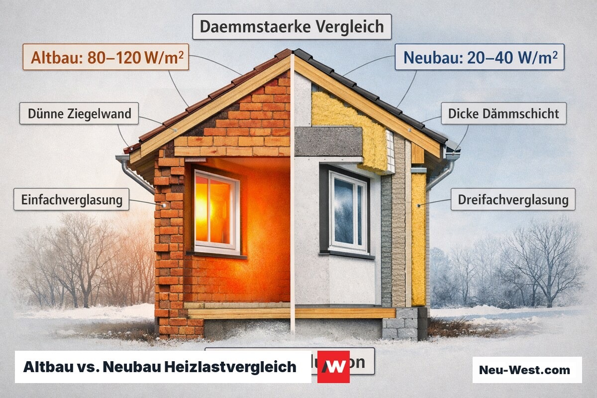 Vergleich Wärmeverluste Altbau vor 1960 und Neubau nach 2010 anhand von Wandquerschnitt und Wärmezonendarstellung