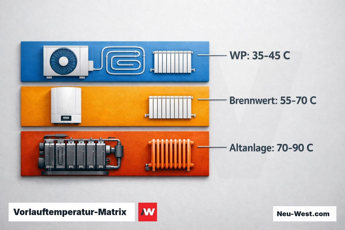 Vorlauftemperatur-Matrix: System und Heizkörpertyp – Erklär-Grafik (NEUWEST Berlin)