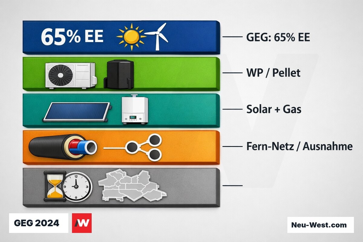 GEG 2024 — Wege zur 65-%-EE-Erfüllung beim Heizungstausch – Erklär-Grafik (NEUWEST Berlin)