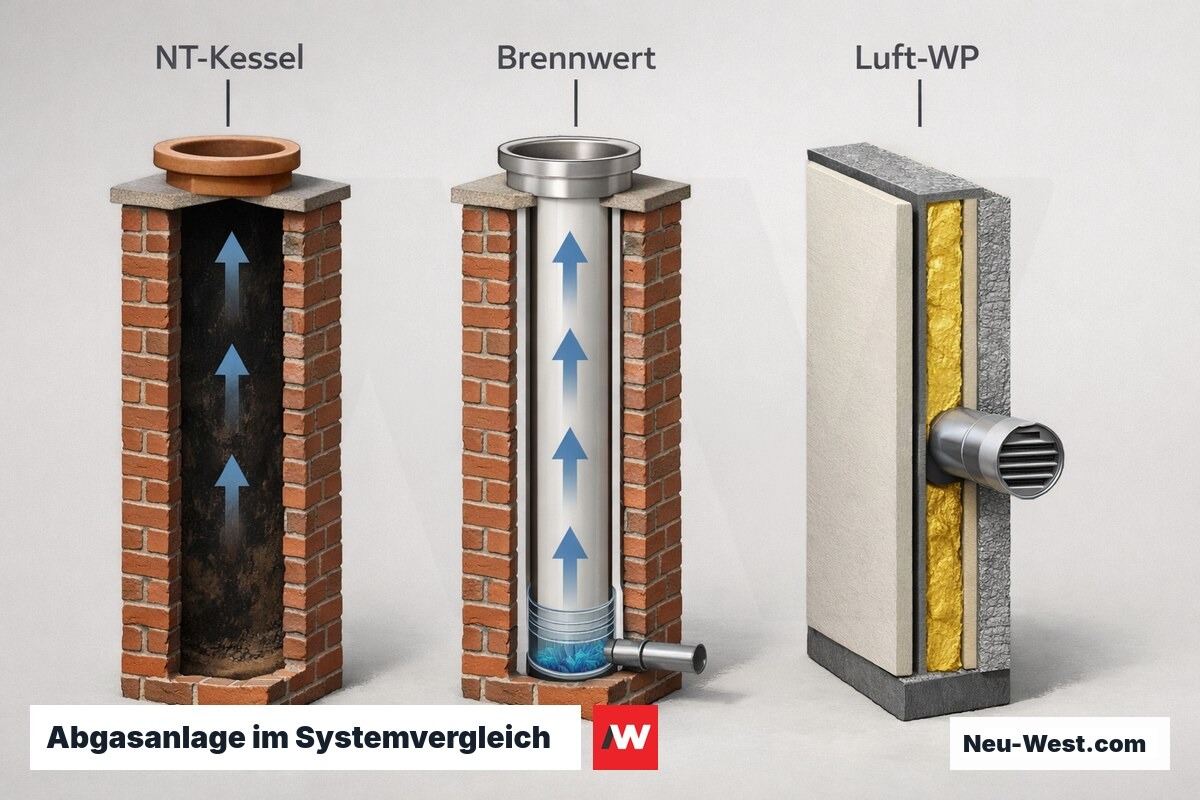 Abgasanlage im Systemvergleich: NT-Kessel, Brennwert, Luft-WP – Erklär-Grafik (NEUWEST Berlin)