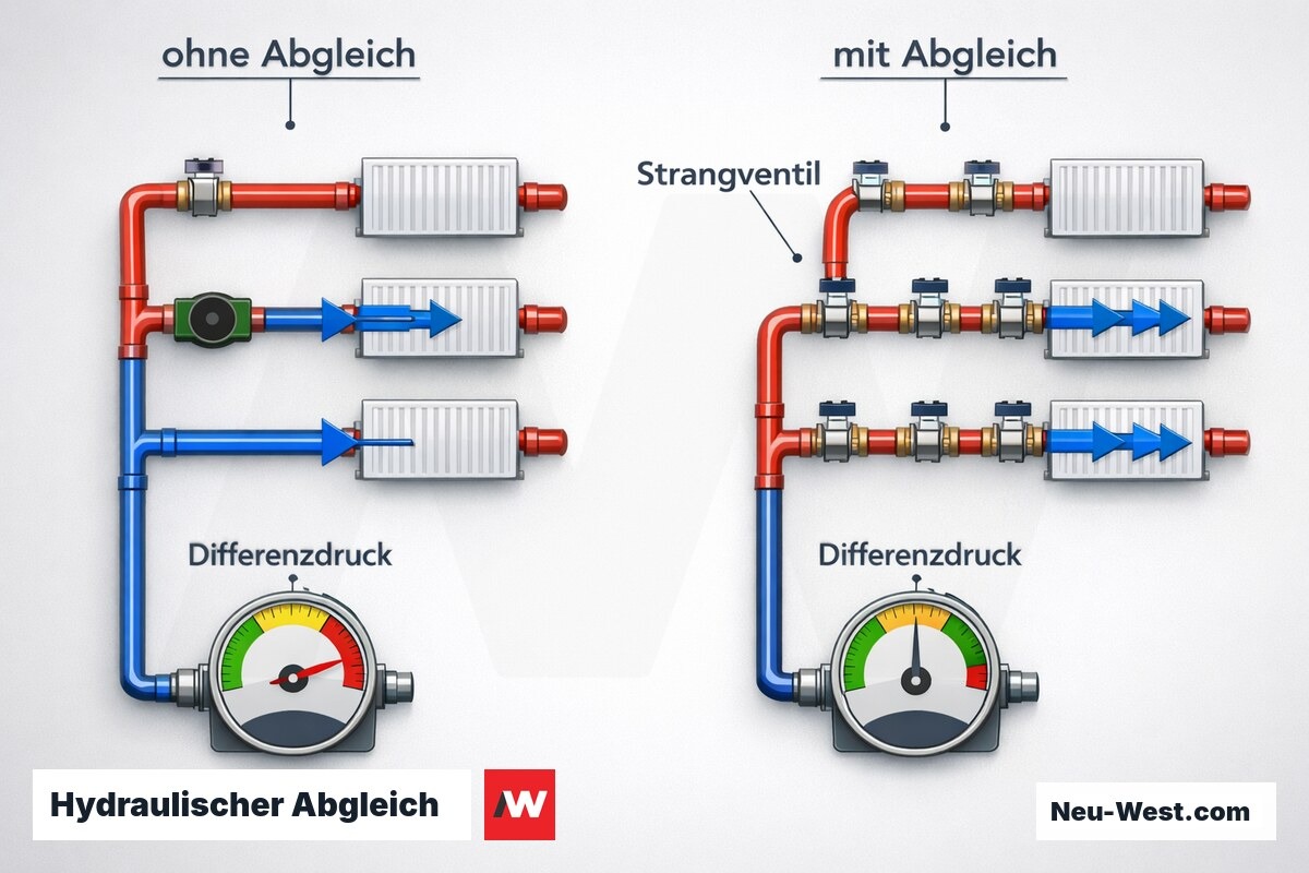 Hydraulischer Abgleich — Rohrnetz vor und nach Einstellung – Erklär-Grafik (NEUWEST Berlin)