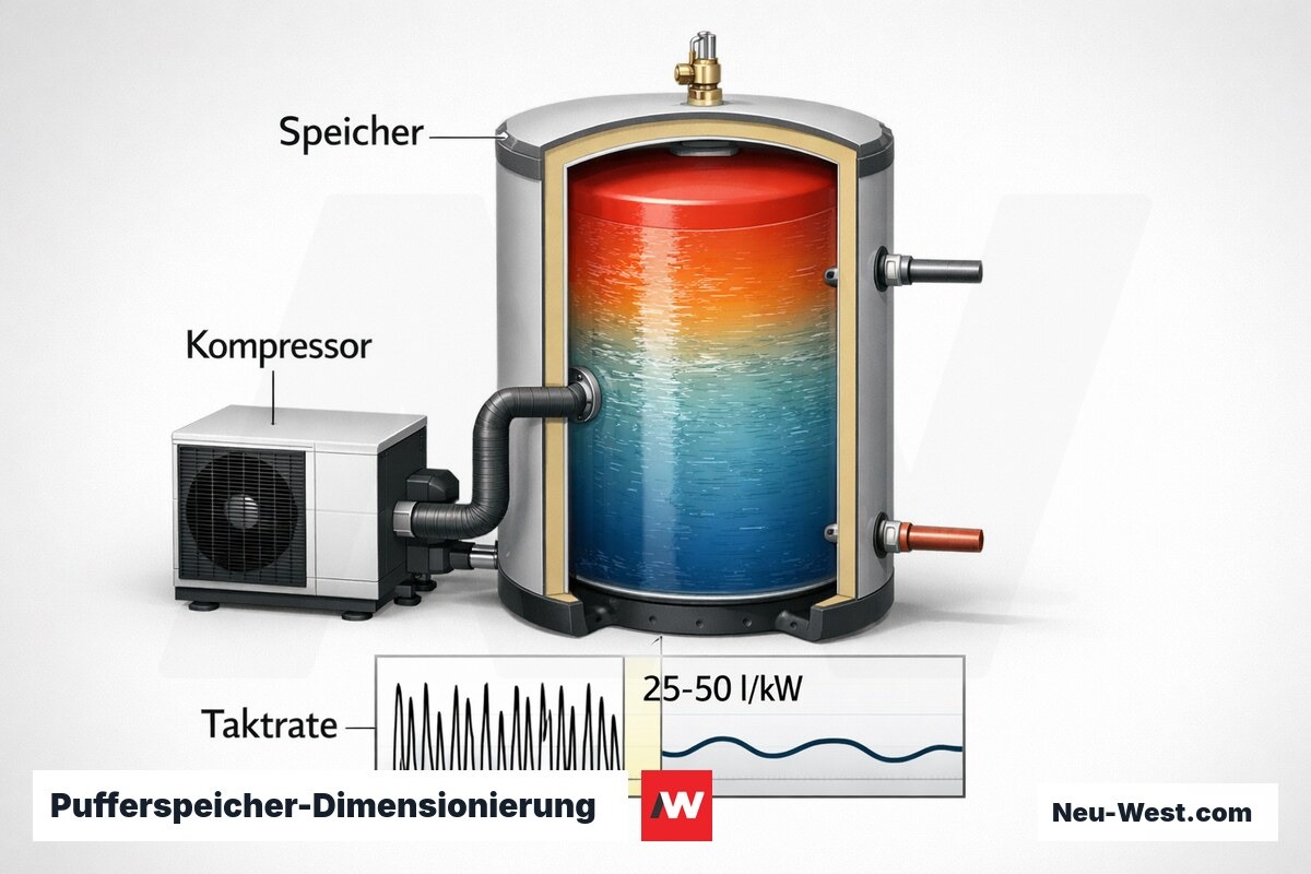 Pufferspeicher-Dimensionierung: Taktrate und Mindestvolumen (25–50 l/kW) – Erklär-Grafik (NEUWEST Berlin)