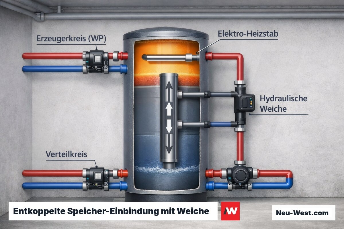 Querschnitt eines bivalenten Pufferspeichers mit hydraulischer Weiche zwischen Erzeuger- und Verteilkreis, getrennten Pumpen und Elektro-Heizstab.