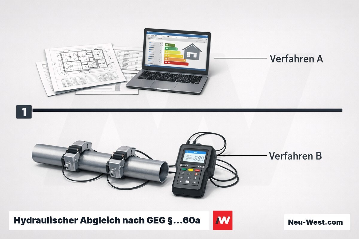 Hydraulischer Abgleich nach GEG §…60a: Verfahren A (rechnerisch) vs. Verfahren B (messtechnisch) – Erklär-Grafik (NEUWEST Berlin)