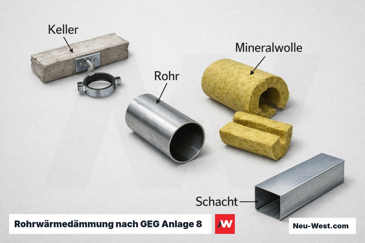 Rohrwärmedämmung nach GEG Anlage 8: Pflicht-Dämmdicken nach Nennweite und Einbauort – Erklär-Grafik (NEUWEST Berlin)
