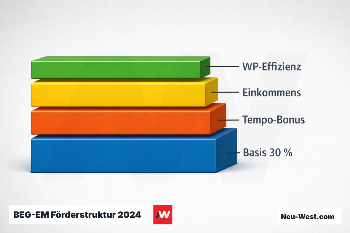 BEG-EM Förderstruktur 2024: Basis + Boni, Kombinationslogik und Höchstkostengrenzen – Erklär-Grafik (NEUWEST Berlin)
