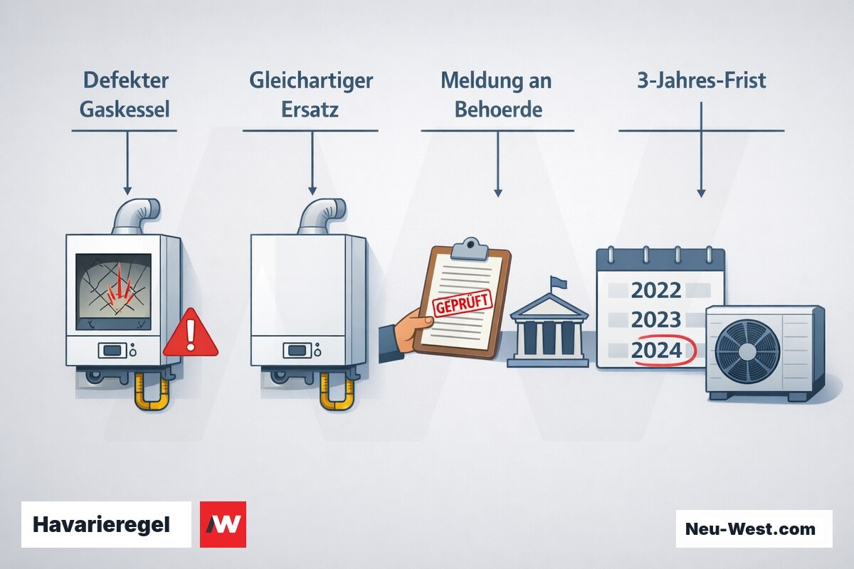 Erklär-Grafik zur GEG-Havarieregel: defekter Gaskessel, gleichartiger Gas-Ersatz, Meldung an die Behörde und Drei-Jahres-Frist bis zur EE-Heizung.
