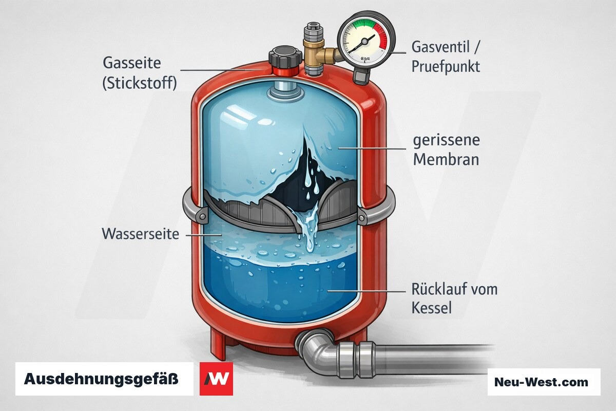 Querschnitt eines Ausdehnungsgefäßes mit gerissener Membran, getrennter Gas- und Wasserseite sowie Gasventil als Prüfpunkt für den Vordruck.