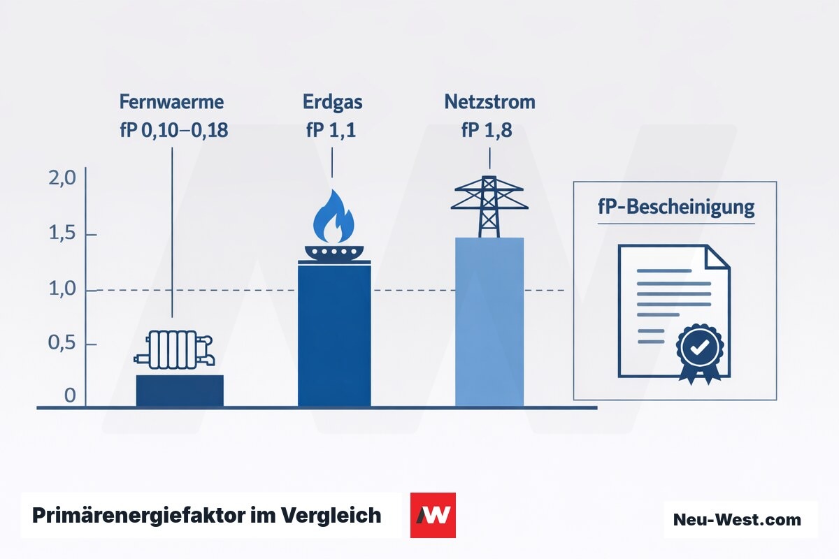 Balkendiagramm vergleicht Primärenergiefaktoren von Fernwärme, Erdgas und Netzstrom mit Verweis auf die netzspezifische fP-Bescheinigung des Netzbetreibers.
