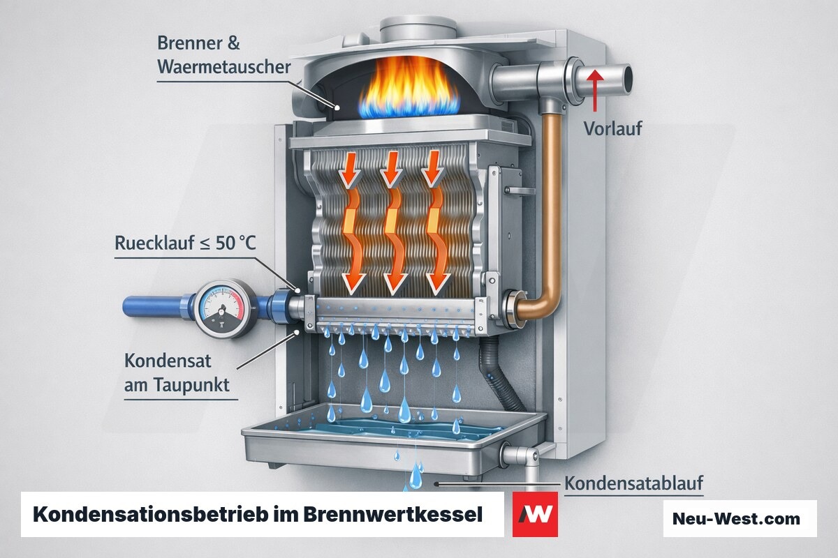 Querschnitt eines Gas-Brennwertkessels: Wärmetauscher, kühler Rücklauf unter dem Taupunkt, Kondensatbildung und Kondensatablauf.