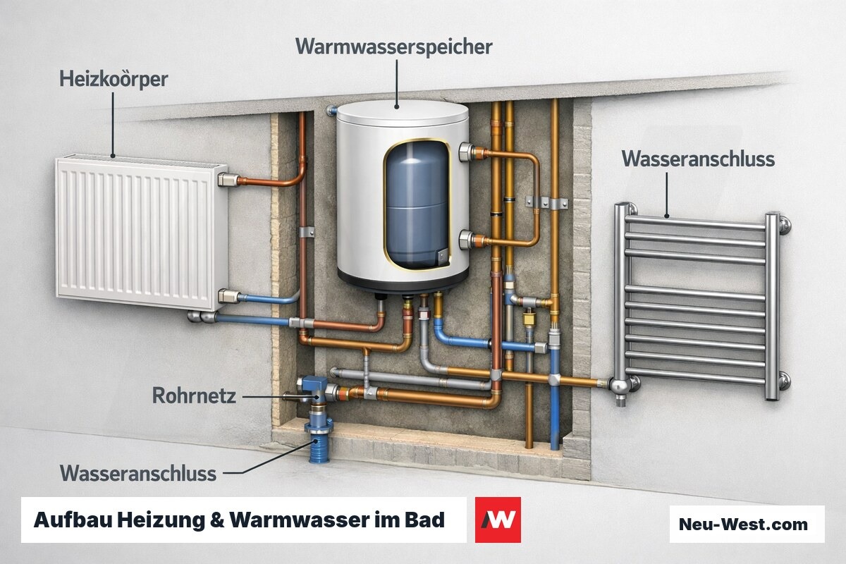 Querschnitt einer Bad-Installation mit Heizkörper, Warmwasserspeicher, Rohrnetz und Wasseranschluss.
