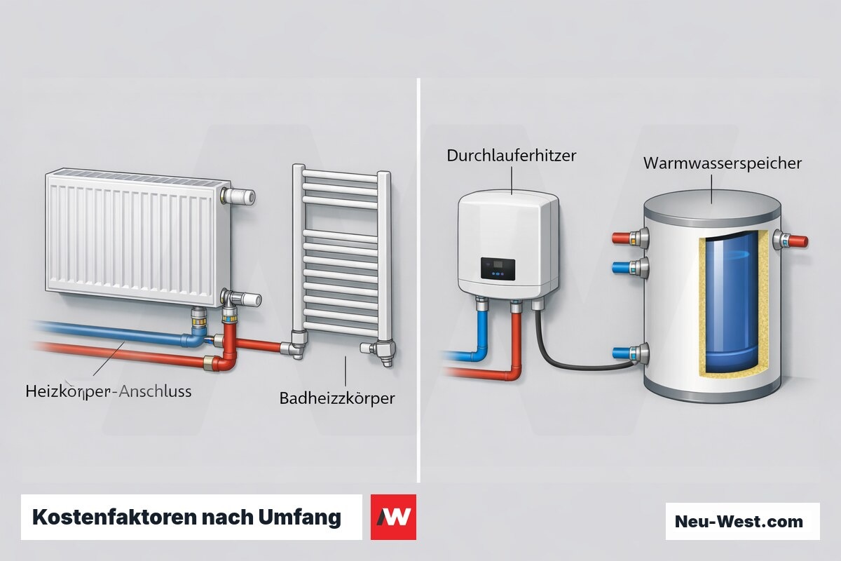 Vergleichs-Illustration: Anschluss von Heizkoerper und Badheizkoerper gegenueber Einbau von Durchlauferhitzer und Warmwasserspeicher als Kostenfaktoren.