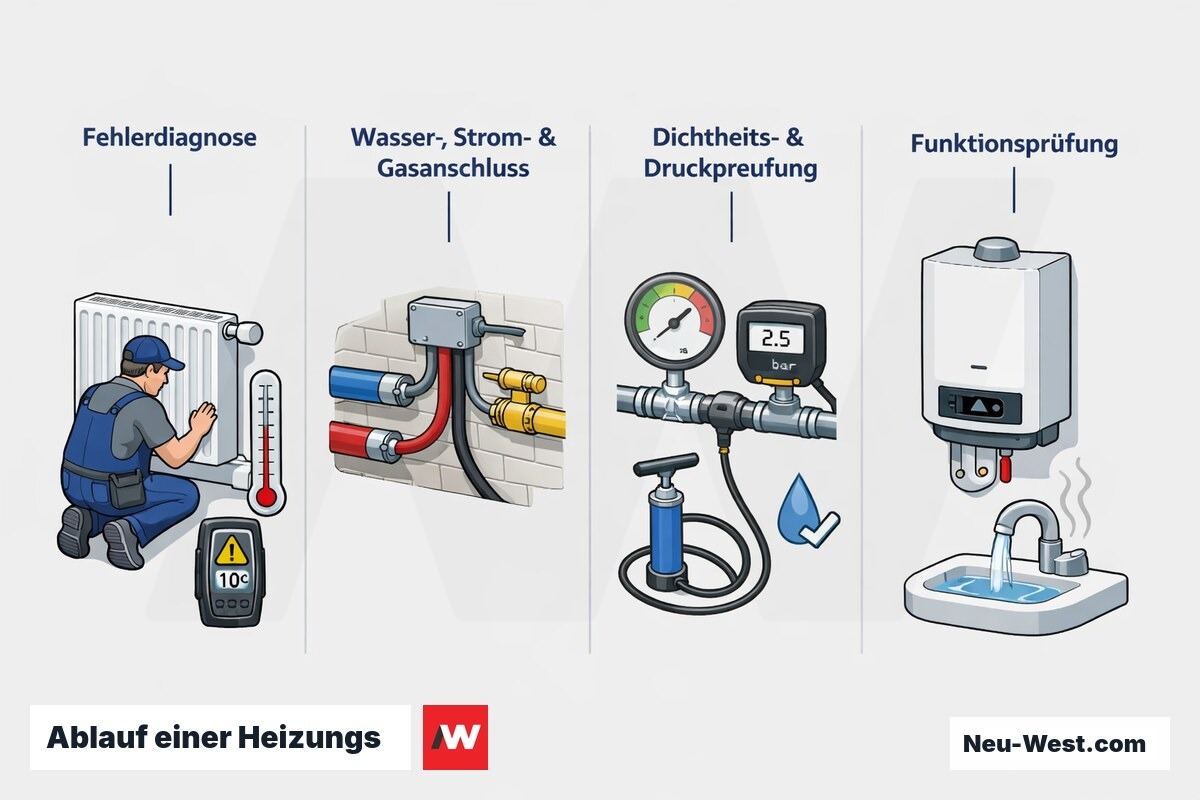 Prozessgrafik in vier Schritten: Fehlerdiagnose, Zusammenfuehren von Wasser-, Strom- und Gasanschluss, Dichtheits- und Druckpruefung, abschliessende Funktionspruefung.