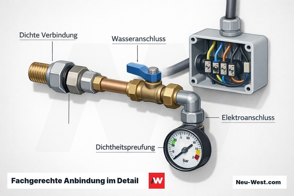 Detailzeichnung einer fachgerechten Anbindung mit Dichtung, Wasser- und Elektroanschluss sowie Druckmessgeraet fuer die Dichtheitspruefung.