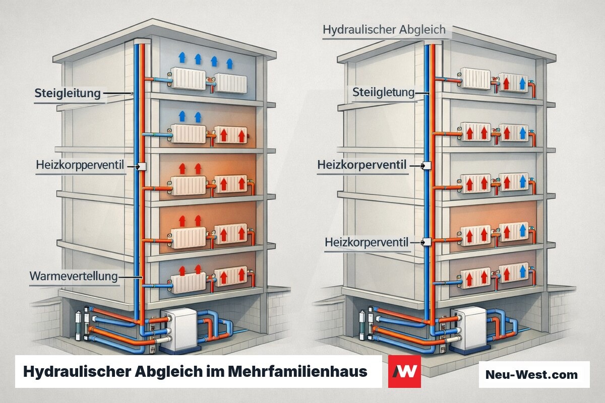 Gebäudeschnitt zeigt Heizungsrohrnetz vor und nach hydraulischem Abgleich mit gleichmäßiger Wärmeverteilung auf allen Etagen.