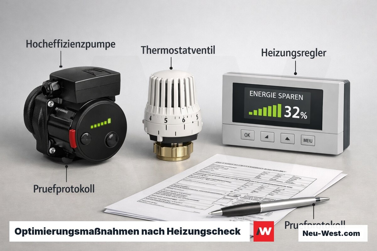 Heizungskomponenten: Hocheffizienzpumpe, voreinstellbares Thermostatventil, digitaler Regler und Prüfprotokoll für GEG §60b-Maßnahmen.