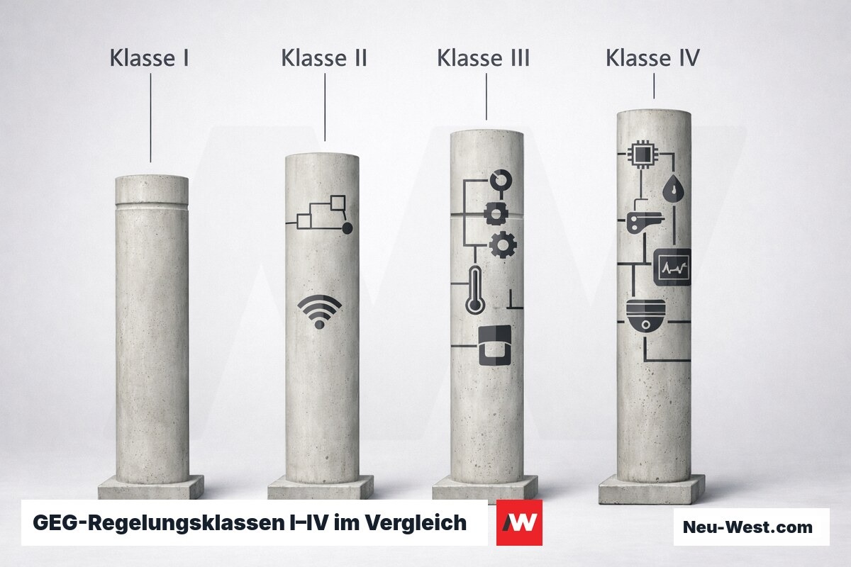 GEG-Regelungsklassen I–IV im Vergleich – Erklär-Grafik (NEUWEST Berlin)